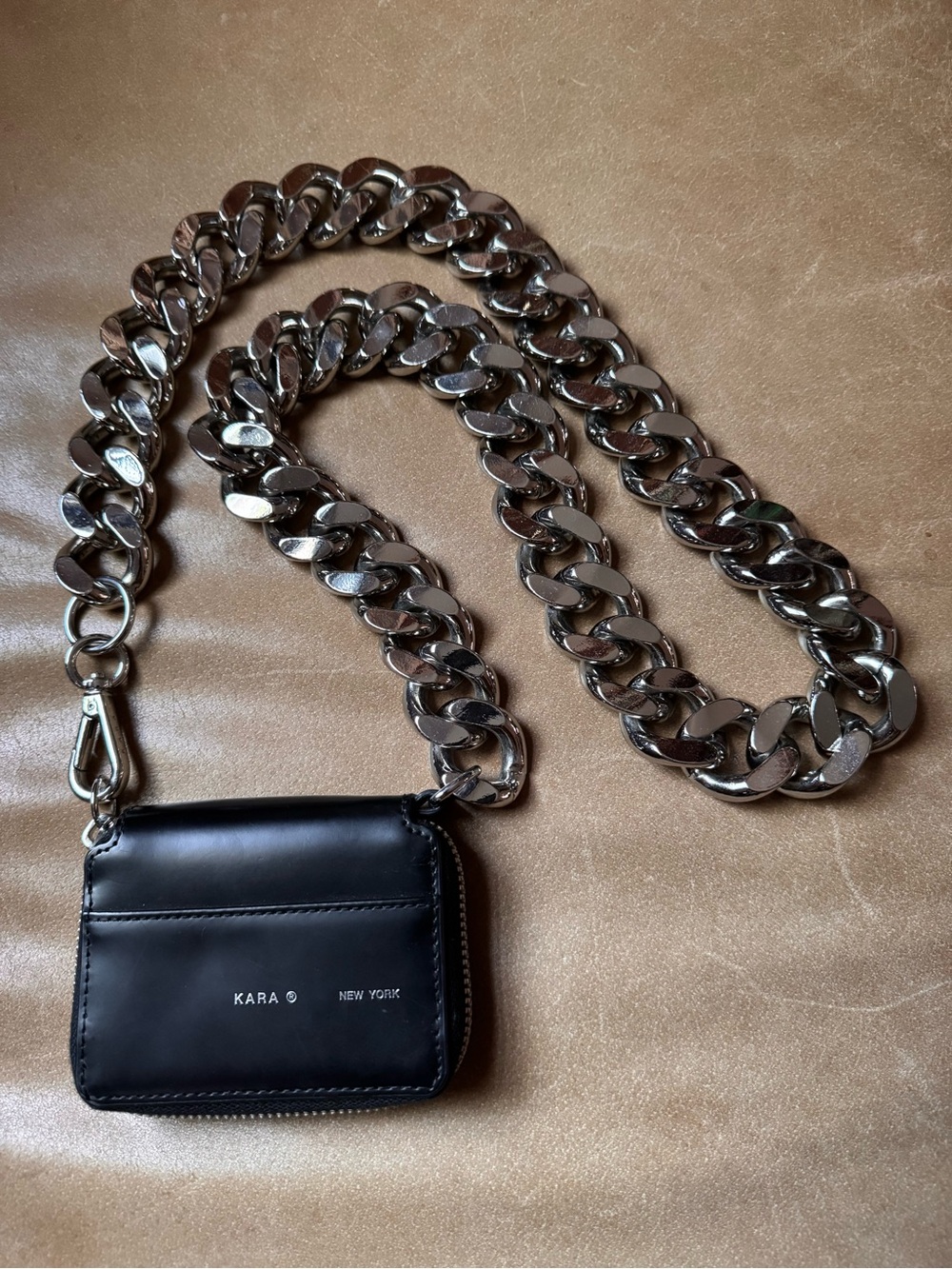 Kara New York Bike Wallet Black Leather Chunky Silver curb Chain Crossbody Bag - Picture 8 of 16